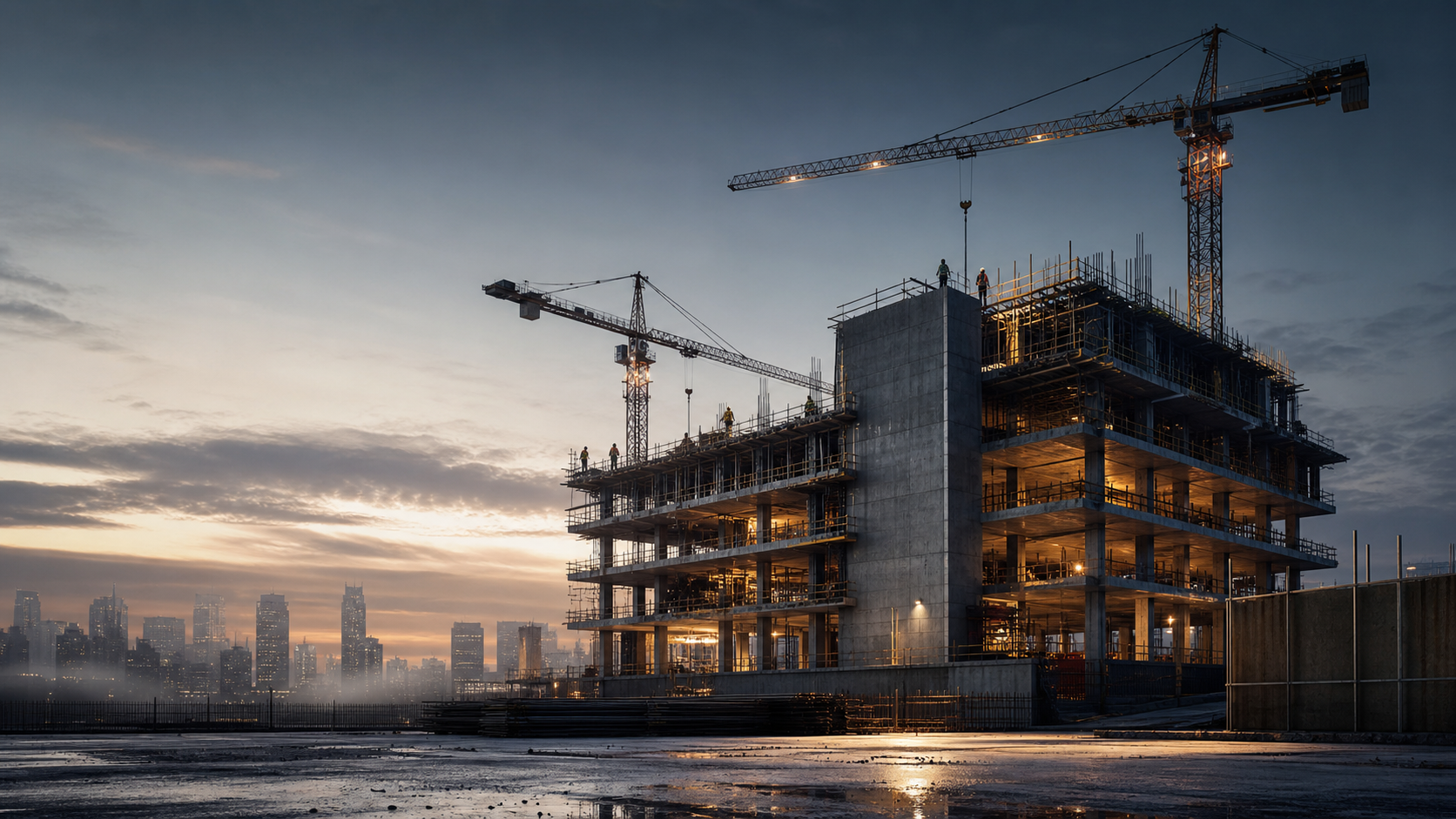 Real construction site with reinforced concrete structure and active building work